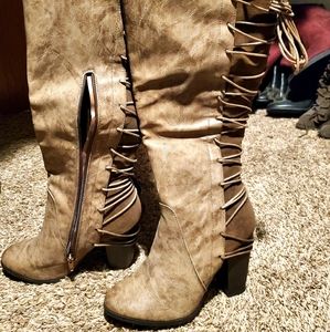 Tan and Brown Chunk Heel Boots